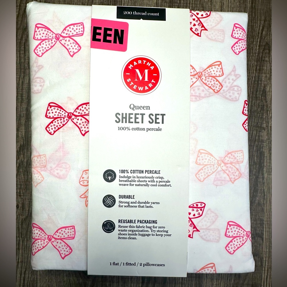 New QUEEN Martha Stewart Bows Sheet Set